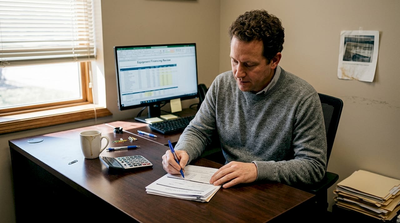 Lender reviewing startup loan paperwork in office