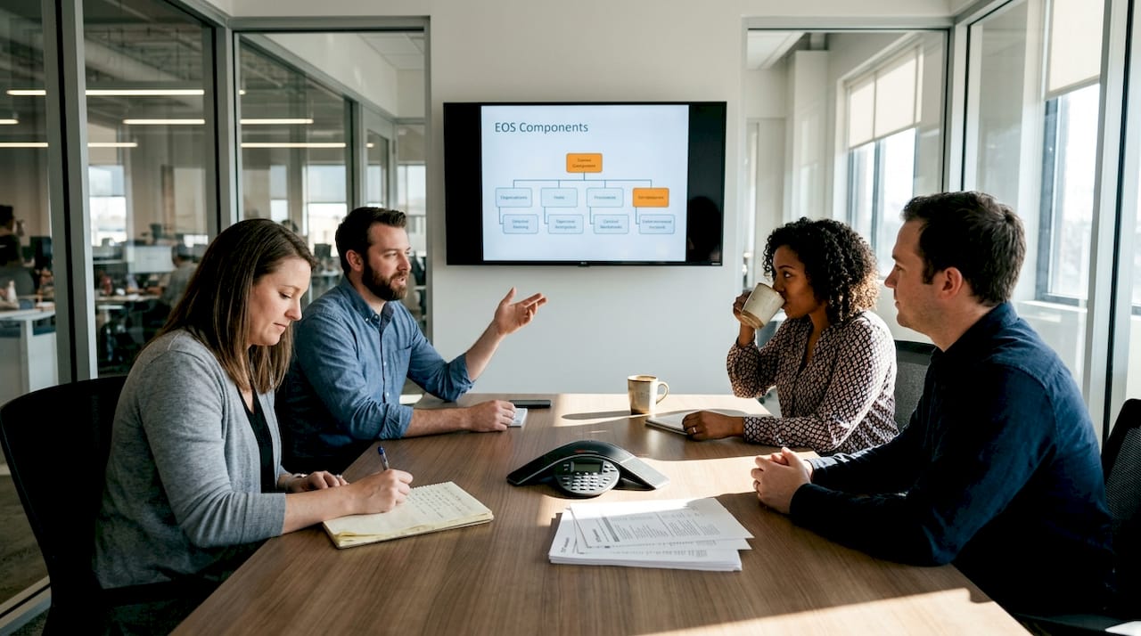 Team discusses EOS strategy at meeting table