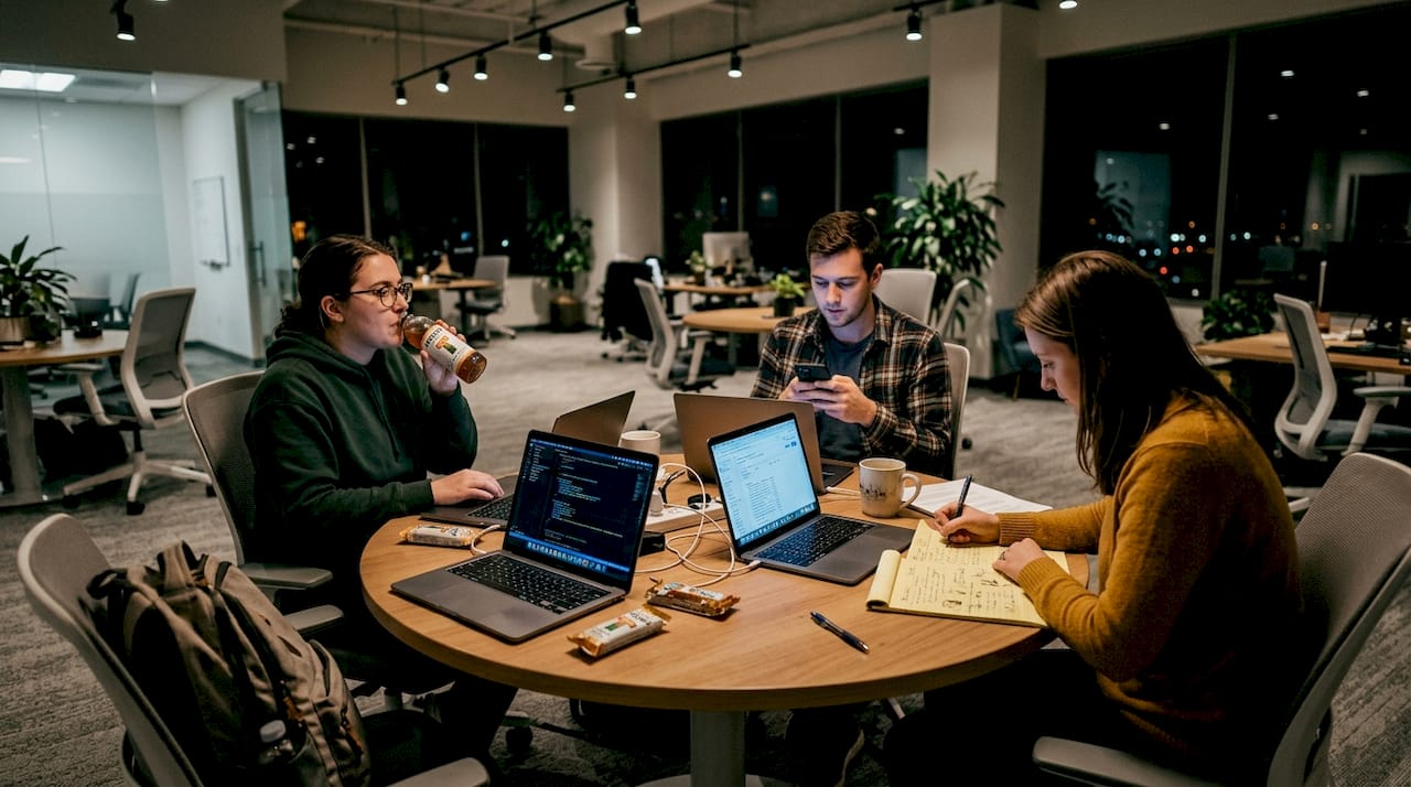 Startup team working late at cluttered table