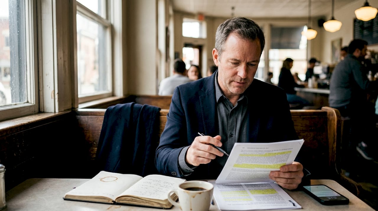 Entrepreneur reading research in café booth