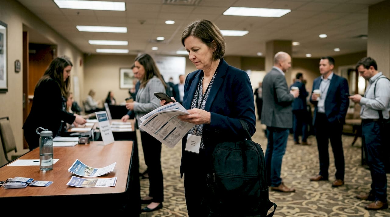 Businesswoman networking at conference registration