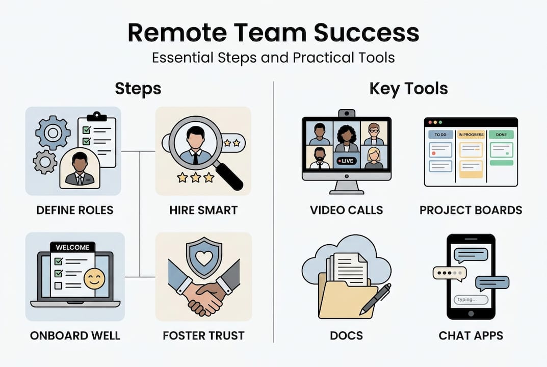 Infographic remote team success steps tools