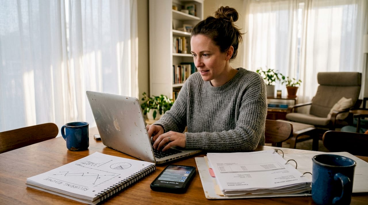 Woman managing subscription model at home table