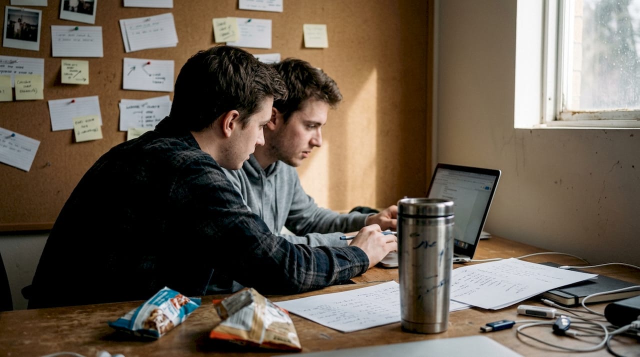 Startup founders collaborating at shared desk