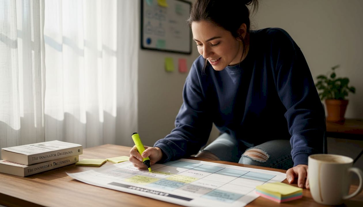 Entrepreneur updating Lean Canvas at home