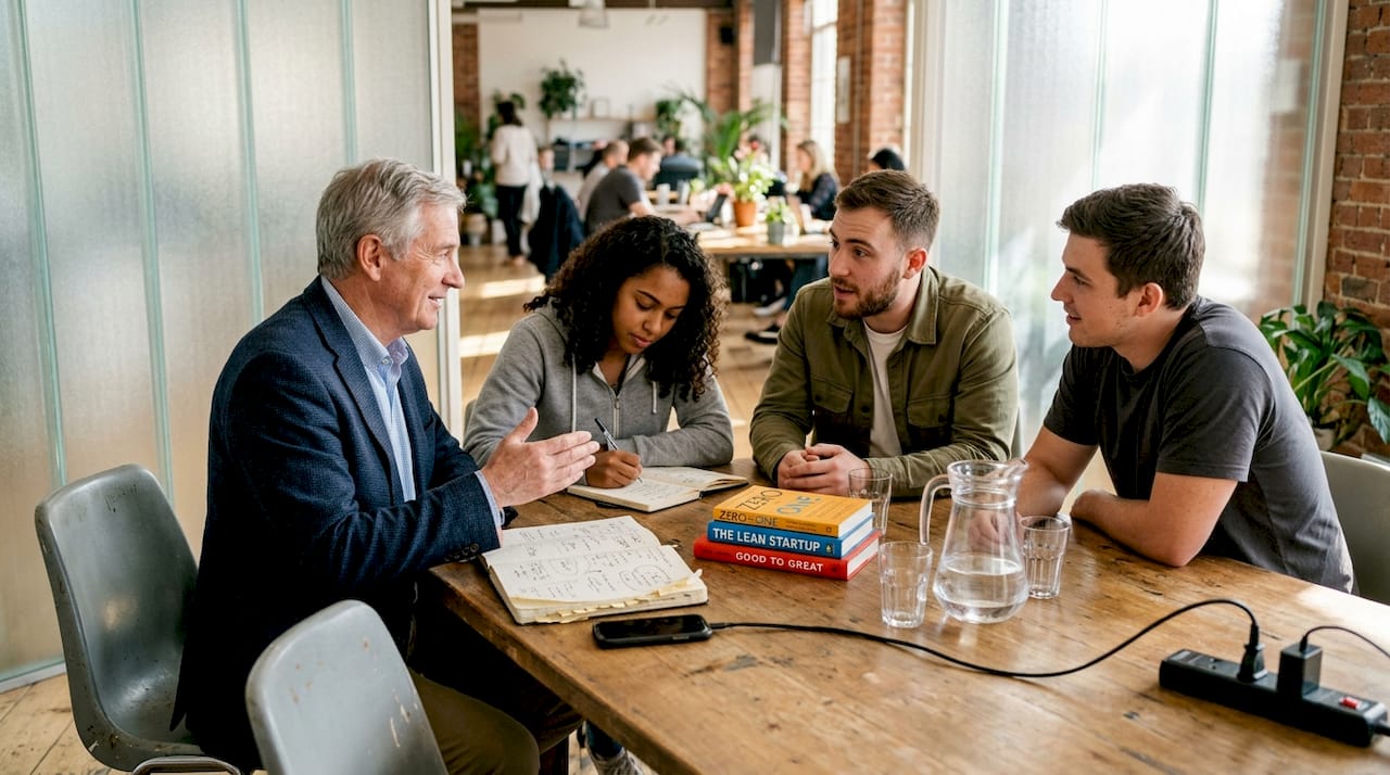 Mentor advising founders in coworking space