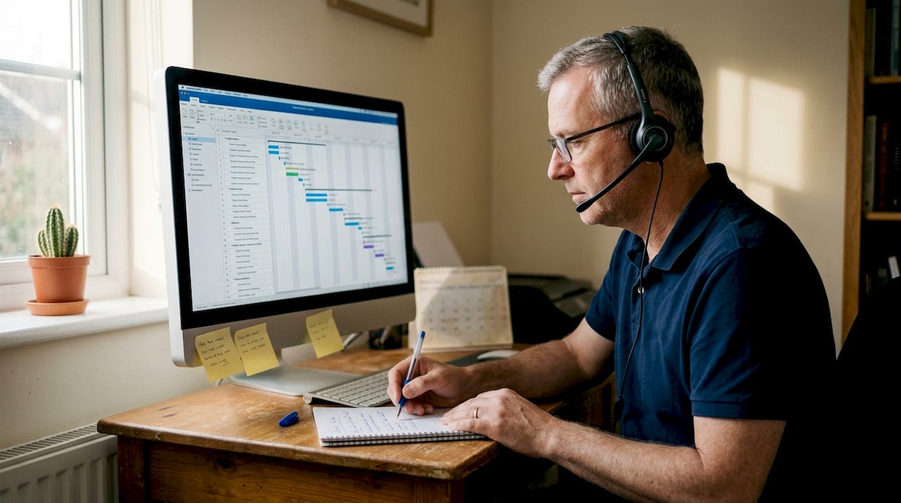 Project manager working remote with Gantt chart