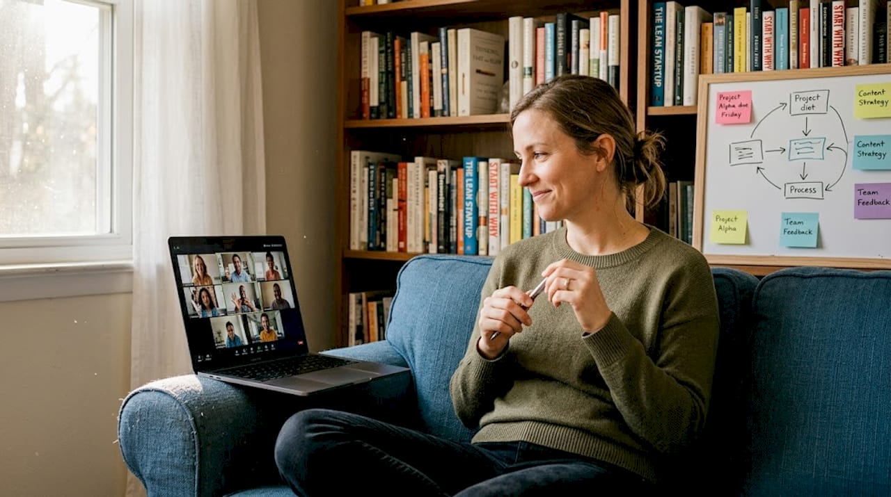 Woman in home office on group coaching video call