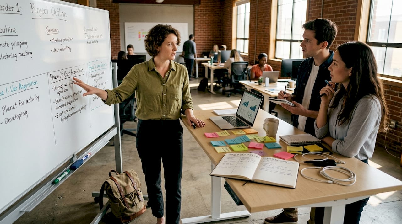 Startup founder delegating tasks workspace