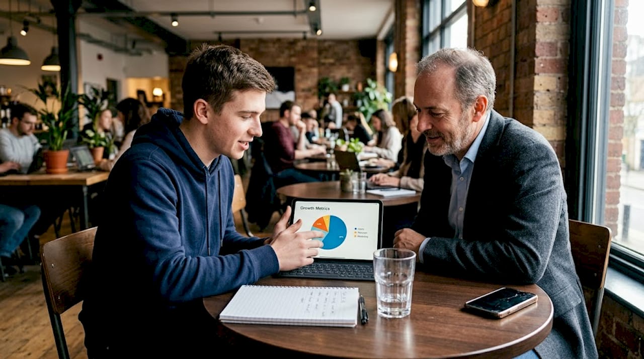 Mentor and founder in casual meeting