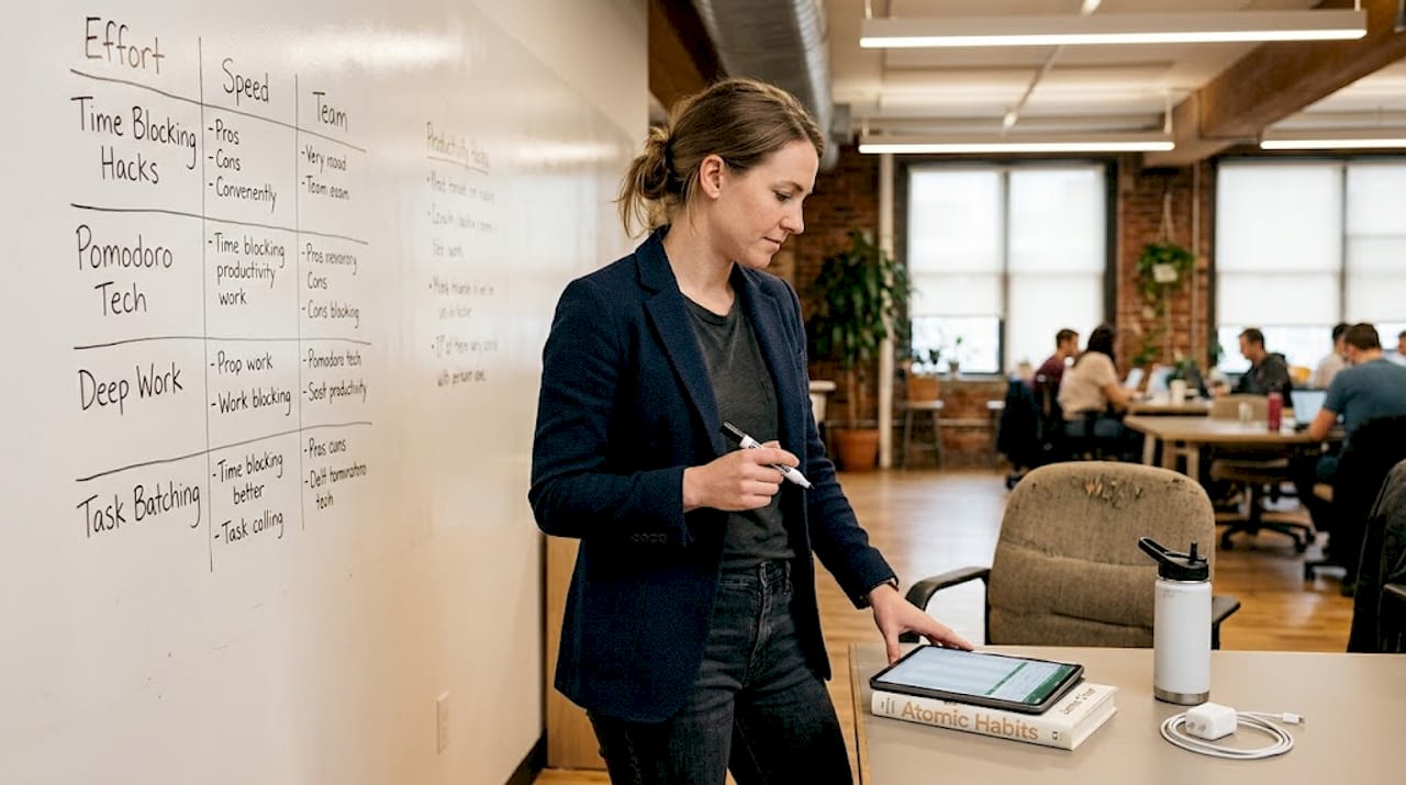 Founder comparing productivity hacks on whiteboard