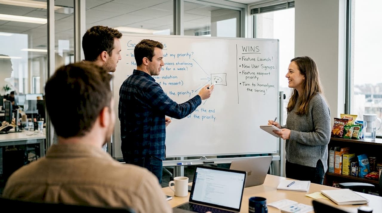 Startup team in weekly standup meeting