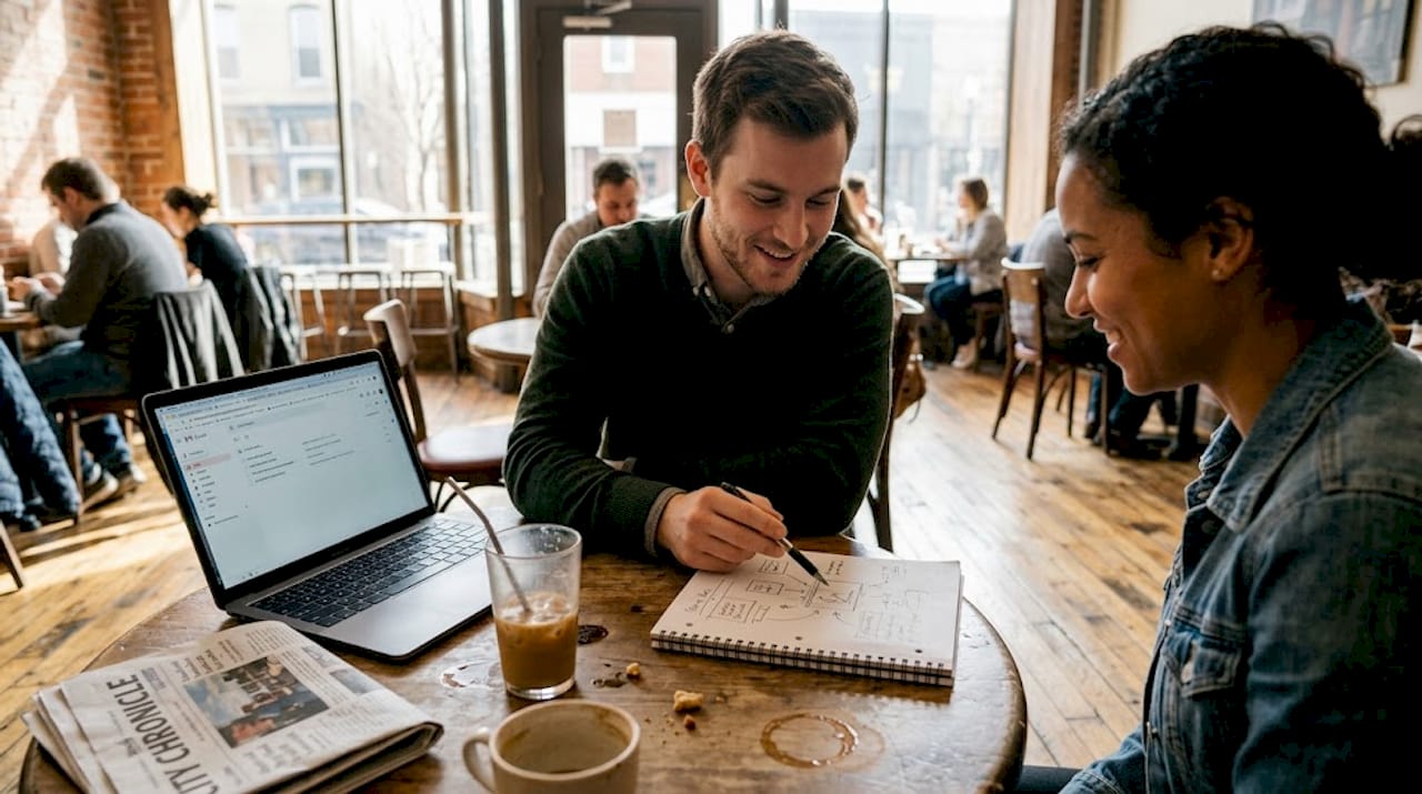 Man shares startup sketch in café