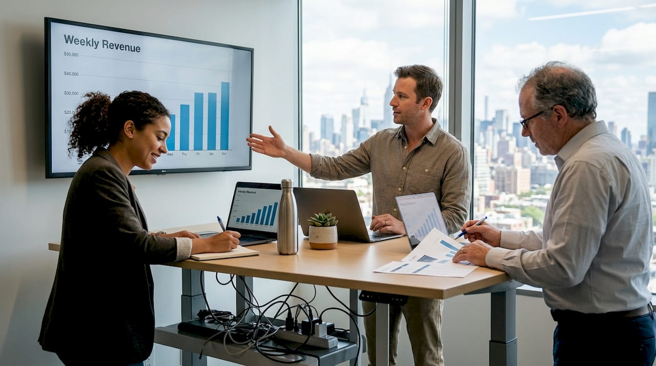 Business team collaborating in open workspace