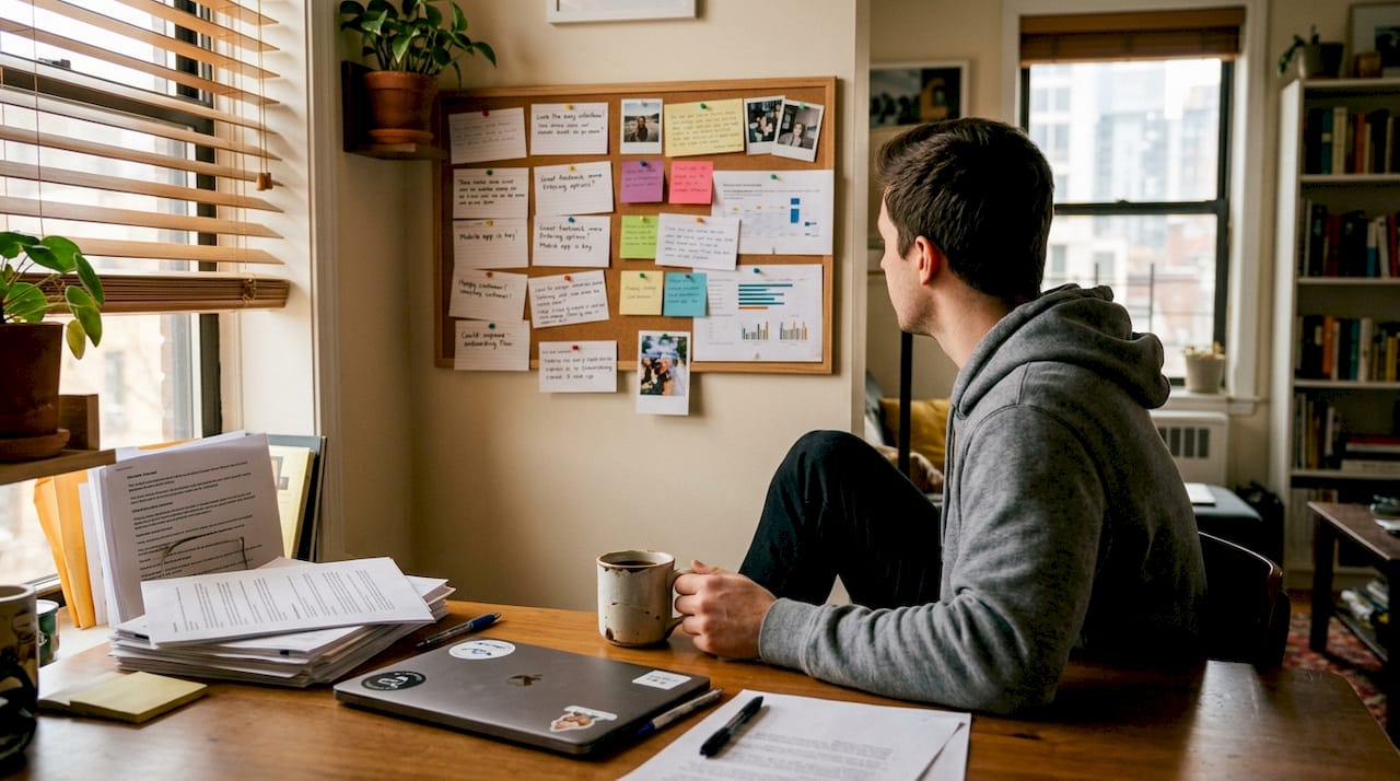 Founder reviewing notes at cluttered apartment table
