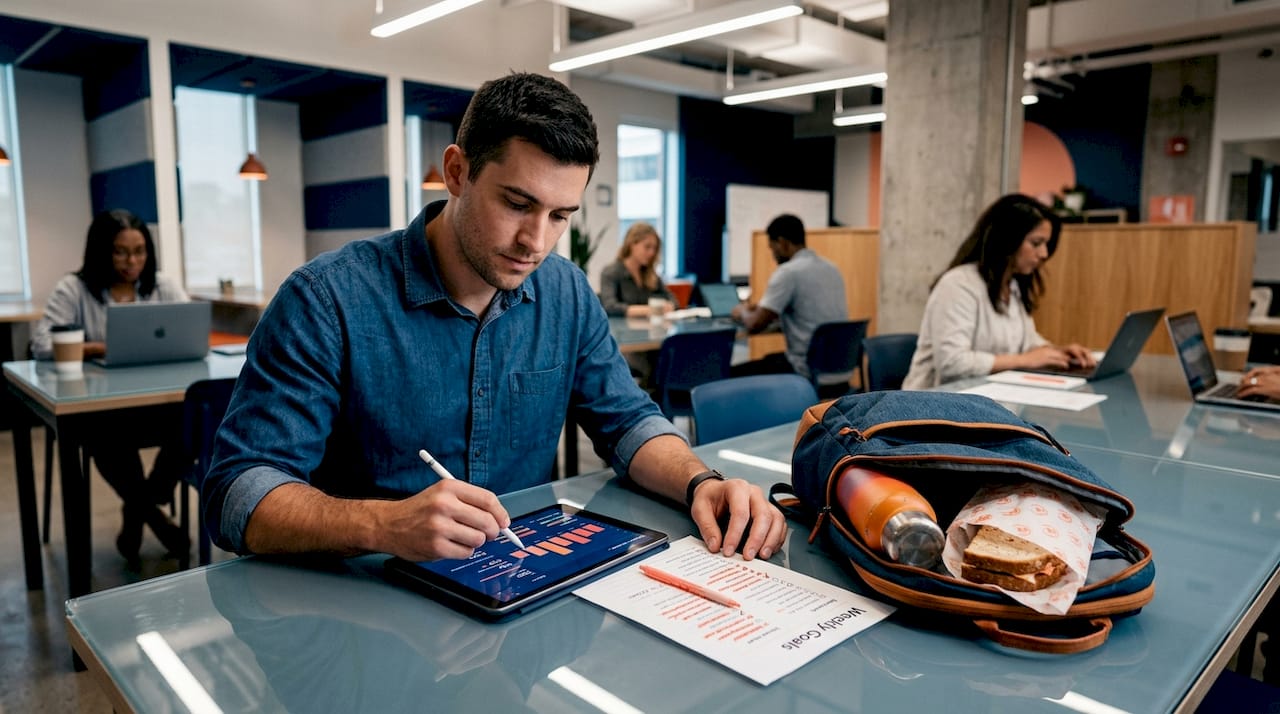 Founder updating goal tracker in workspace