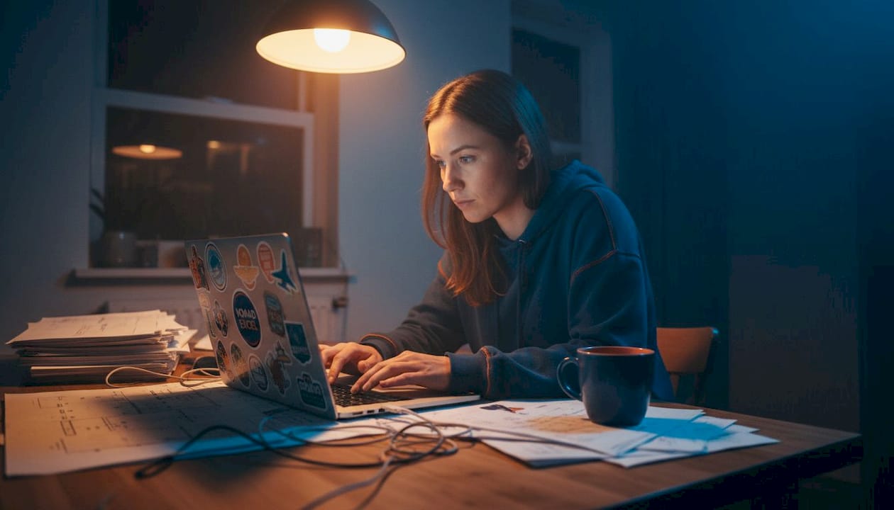 Founder working late at cluttered kitchen table