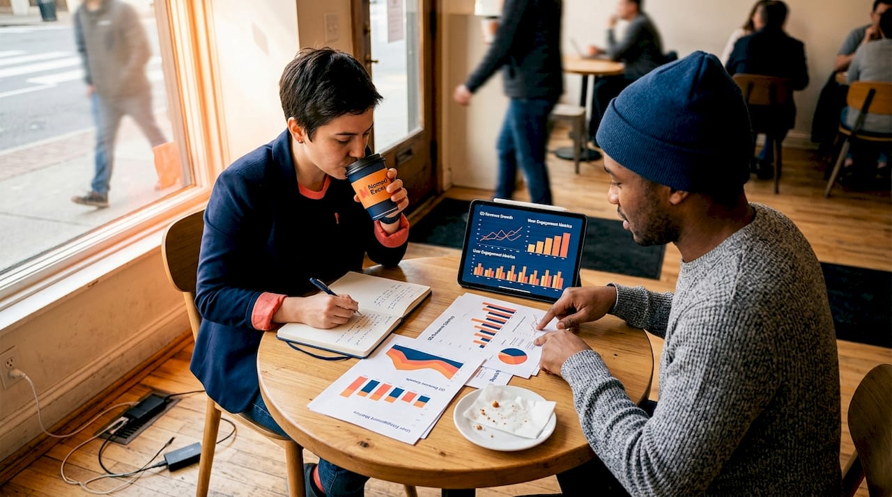 Entrepreneurs reviewing business metrics in café