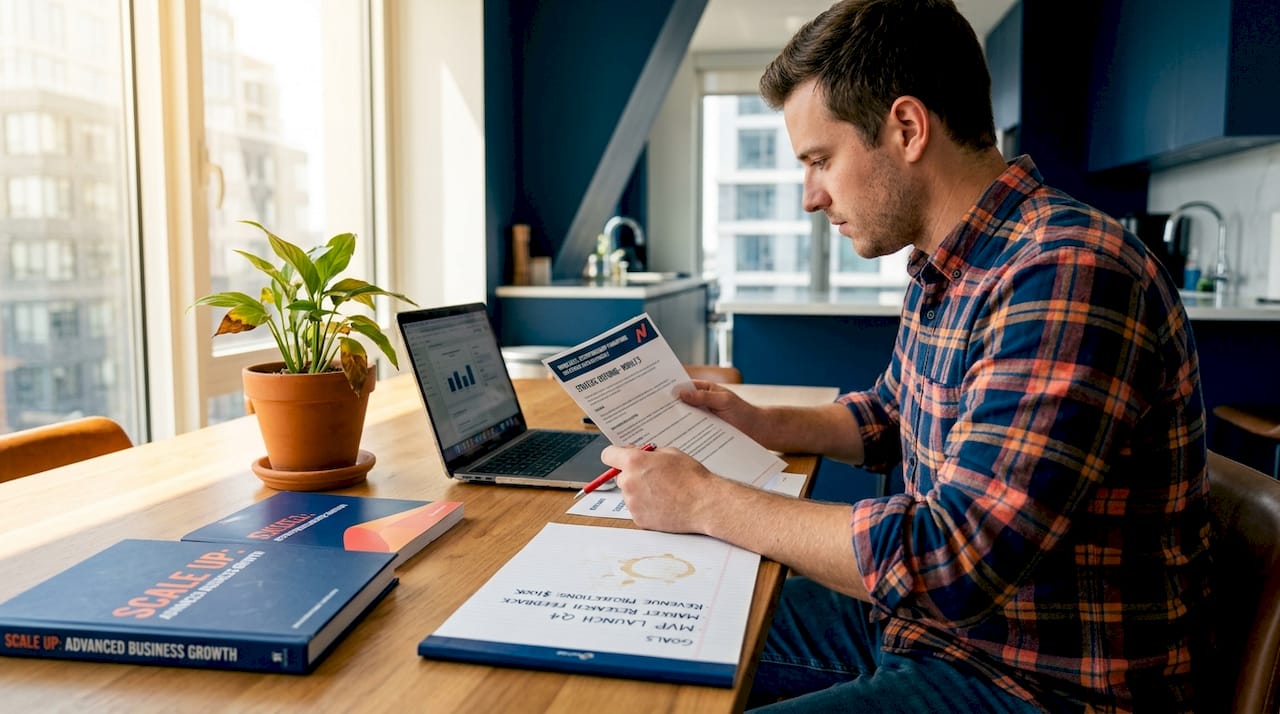 Entrepreneur studying business materials at kitchen table