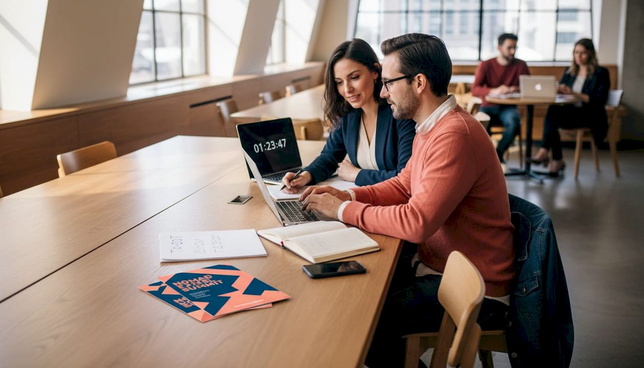 Two entrepreneurs reviewing startup to-do lists
