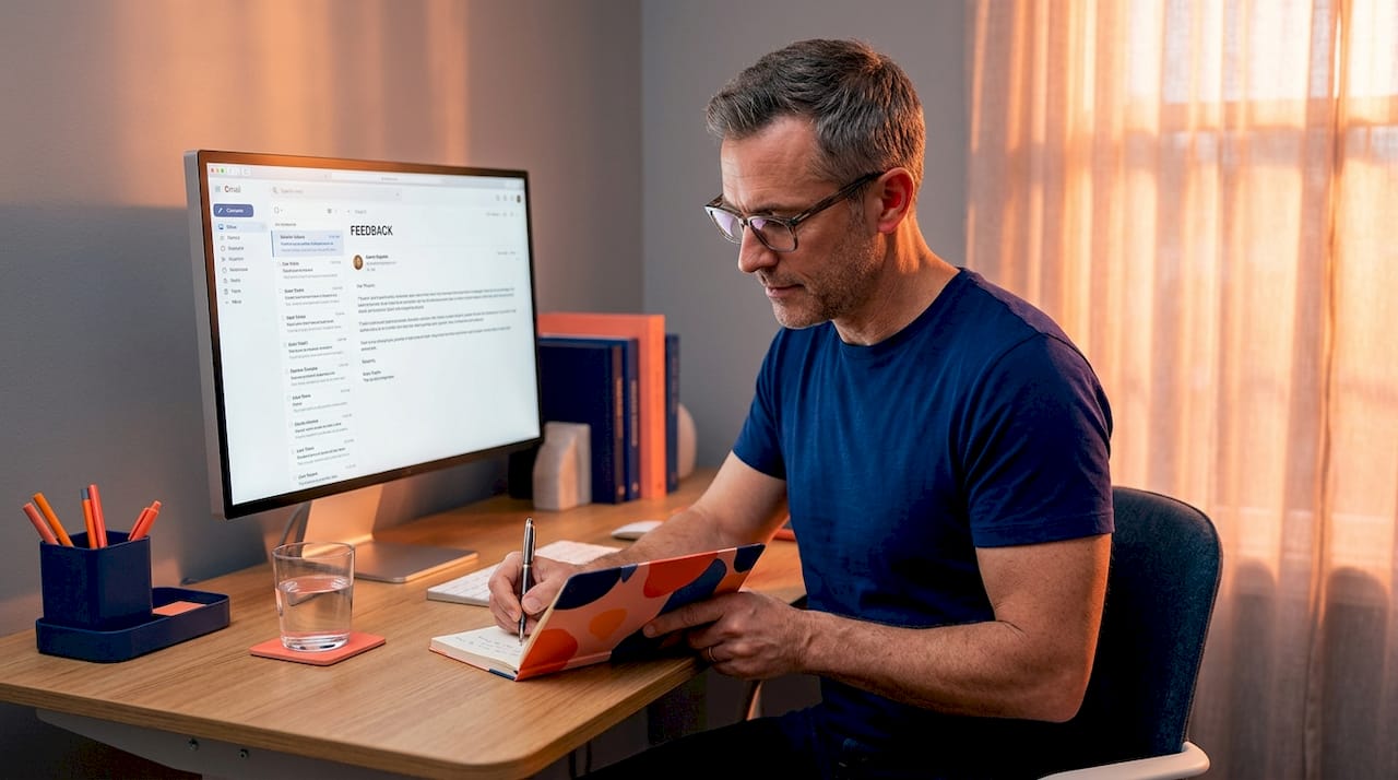 Home office entrepreneur reviewing feedback emails