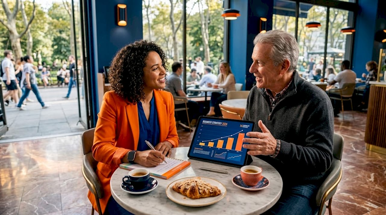 Entrepreneur and mentor meeting in café