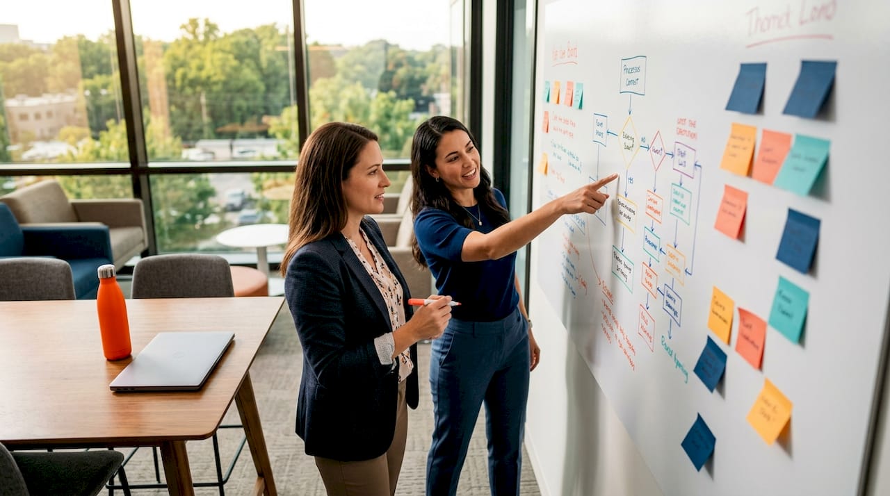 Colleagues work at whiteboard in sunlit office