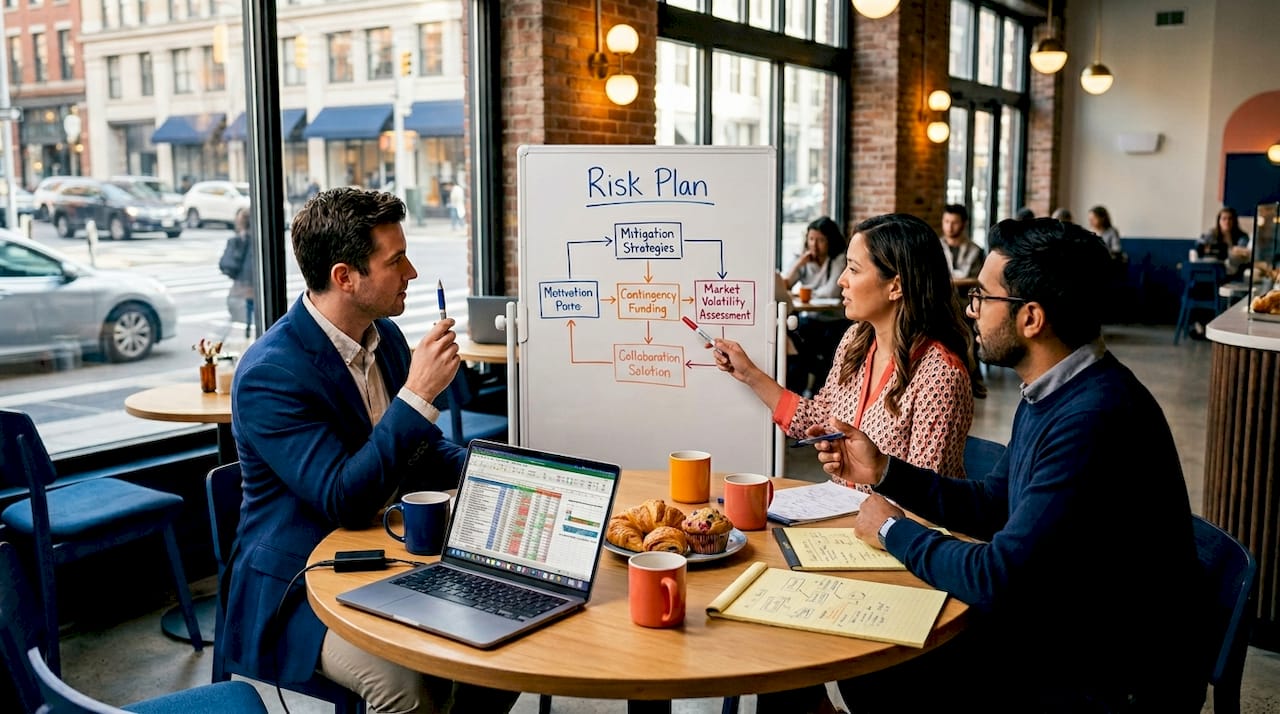 Startup team reviewing risk planning chart
