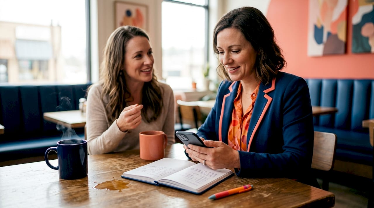Business founders networking in city café
