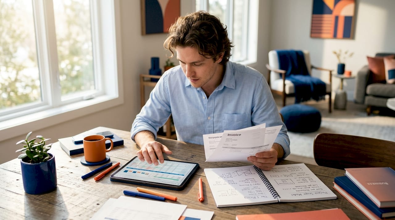 Freelancer reviewing pricing models with invoices
