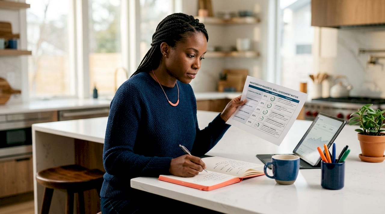 Woman reviewing skills matrix in home office