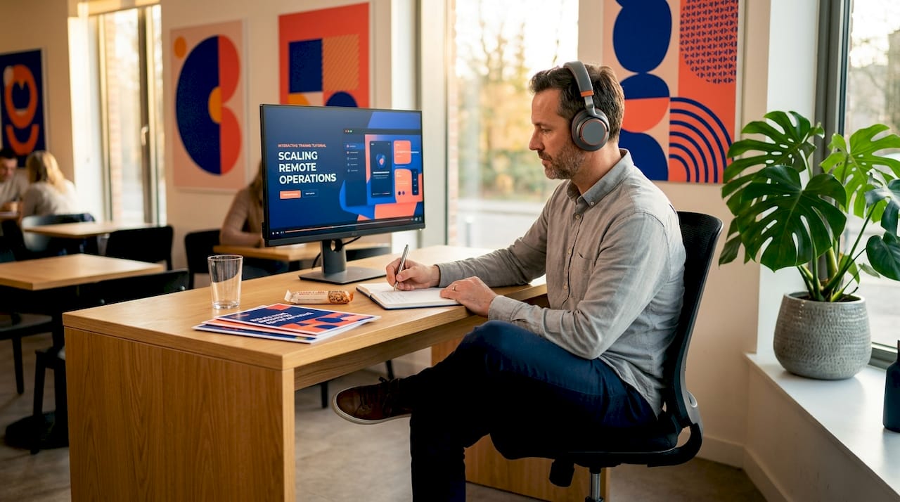 Employee learning with tutorial at workspace