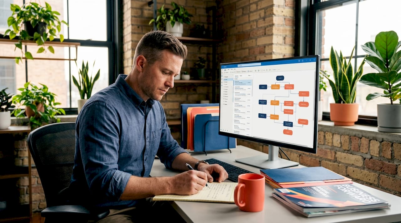 Manager reviewing workflow at busy desk