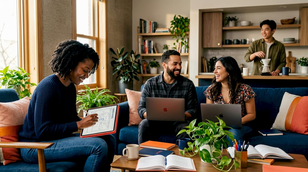 Founders collaborating in co-living common area