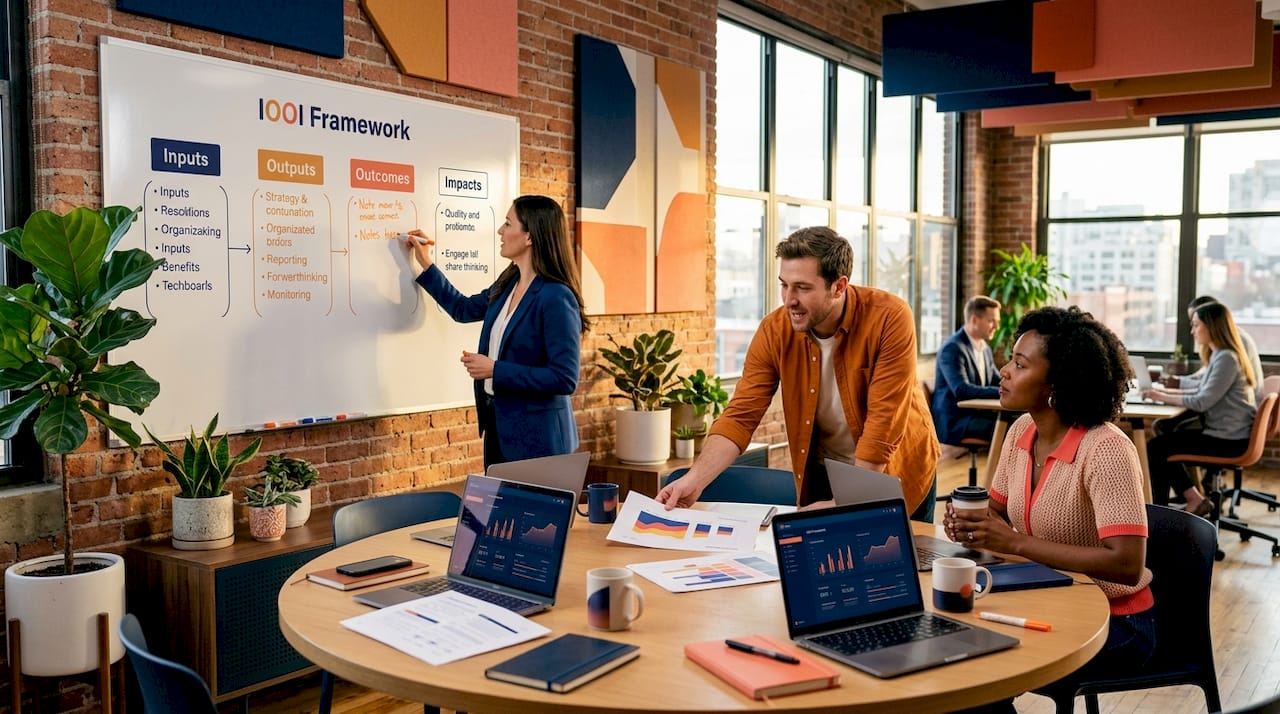 Startup team collaborating on IOOI framework at whiteboard