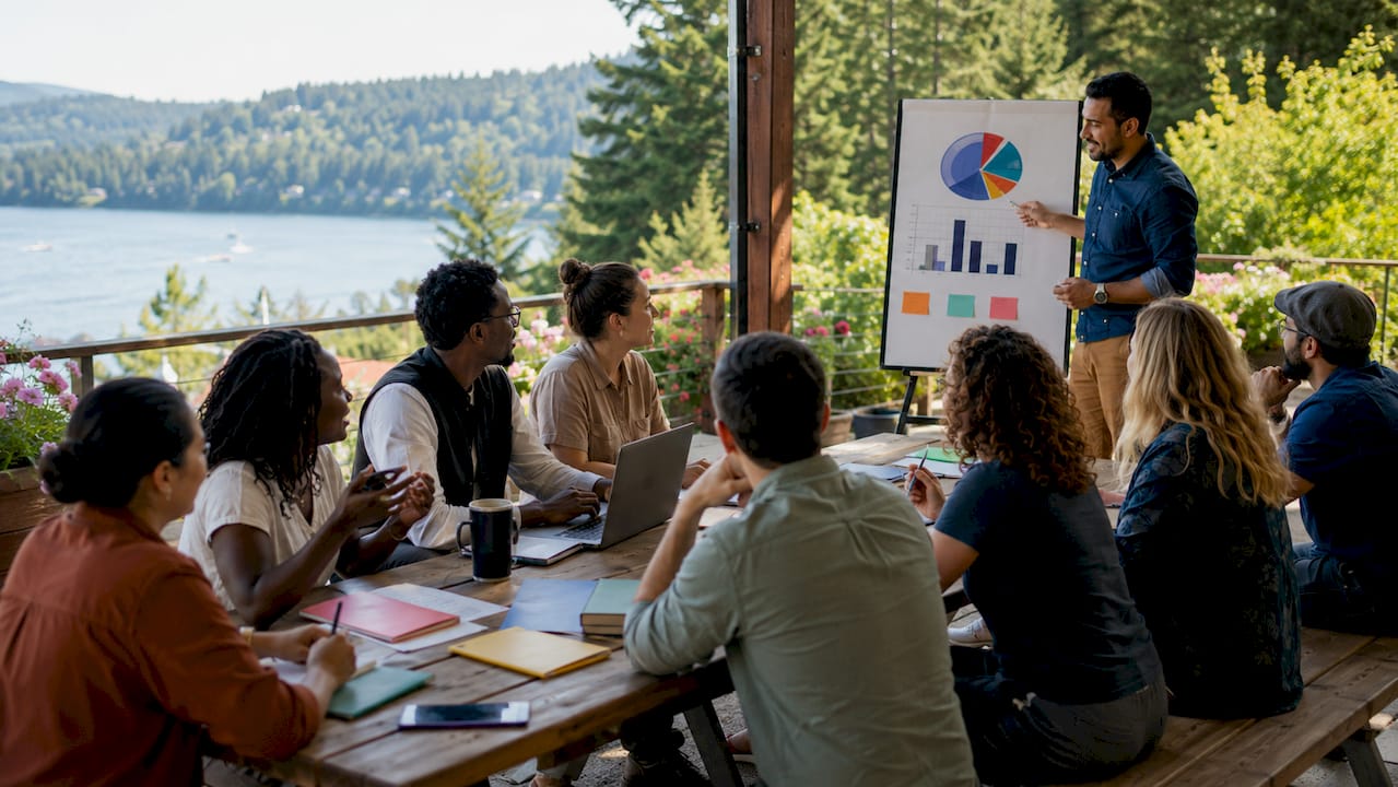Facilitated session in business retreat conference room