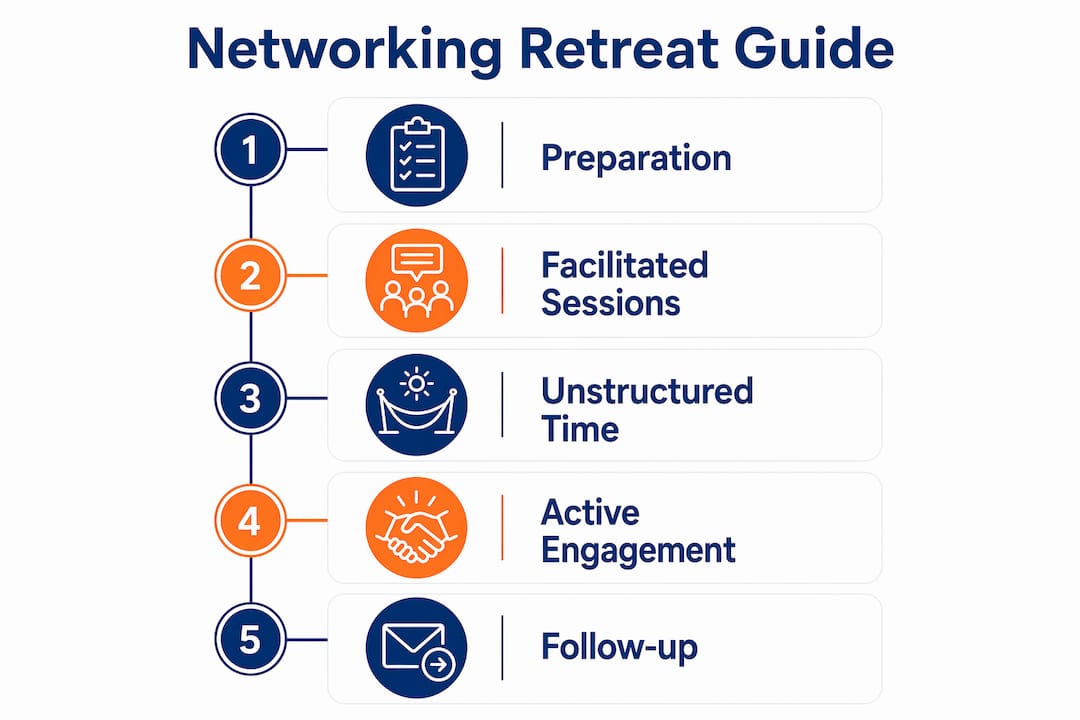 Infographic showing networking retreat stages and benefits