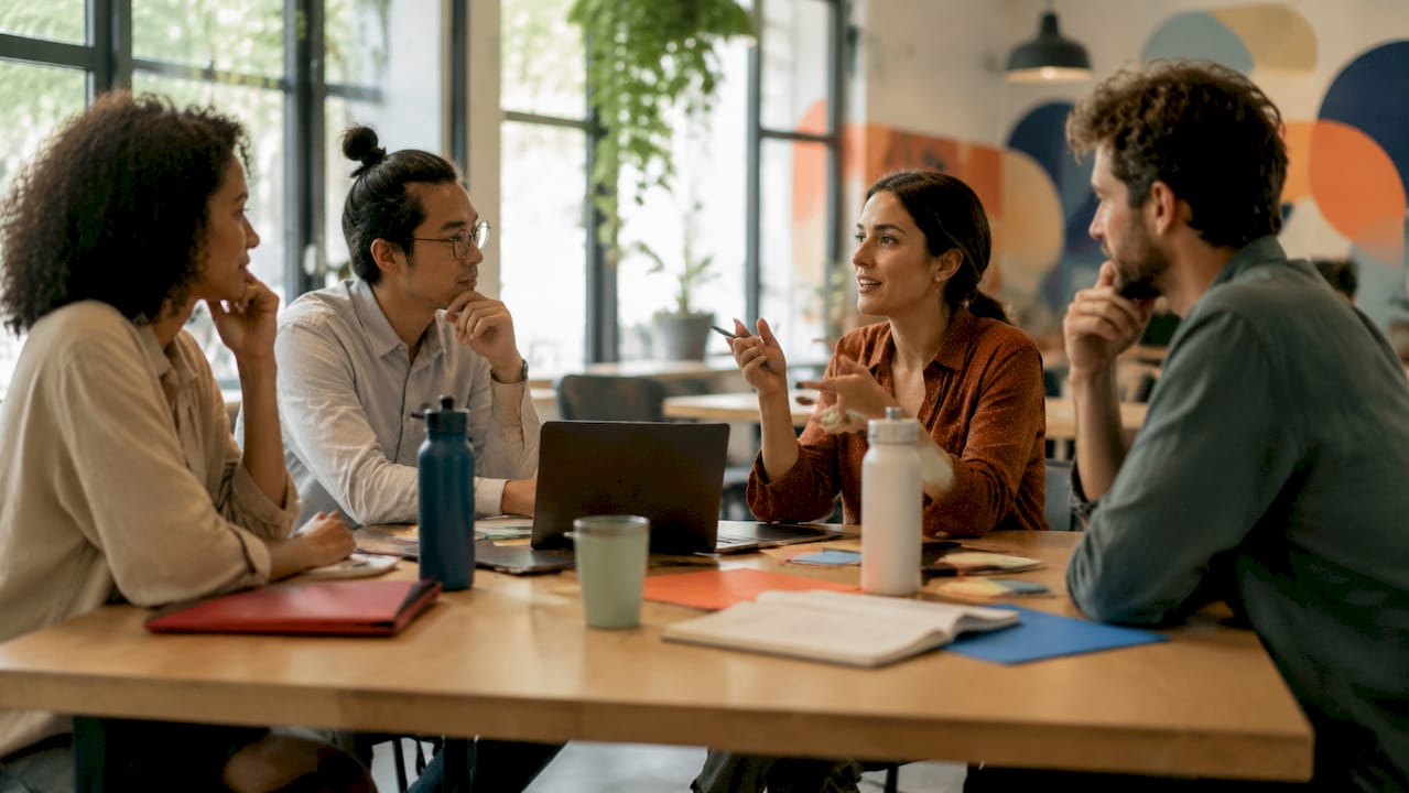 Small startup group meeting around wooden table