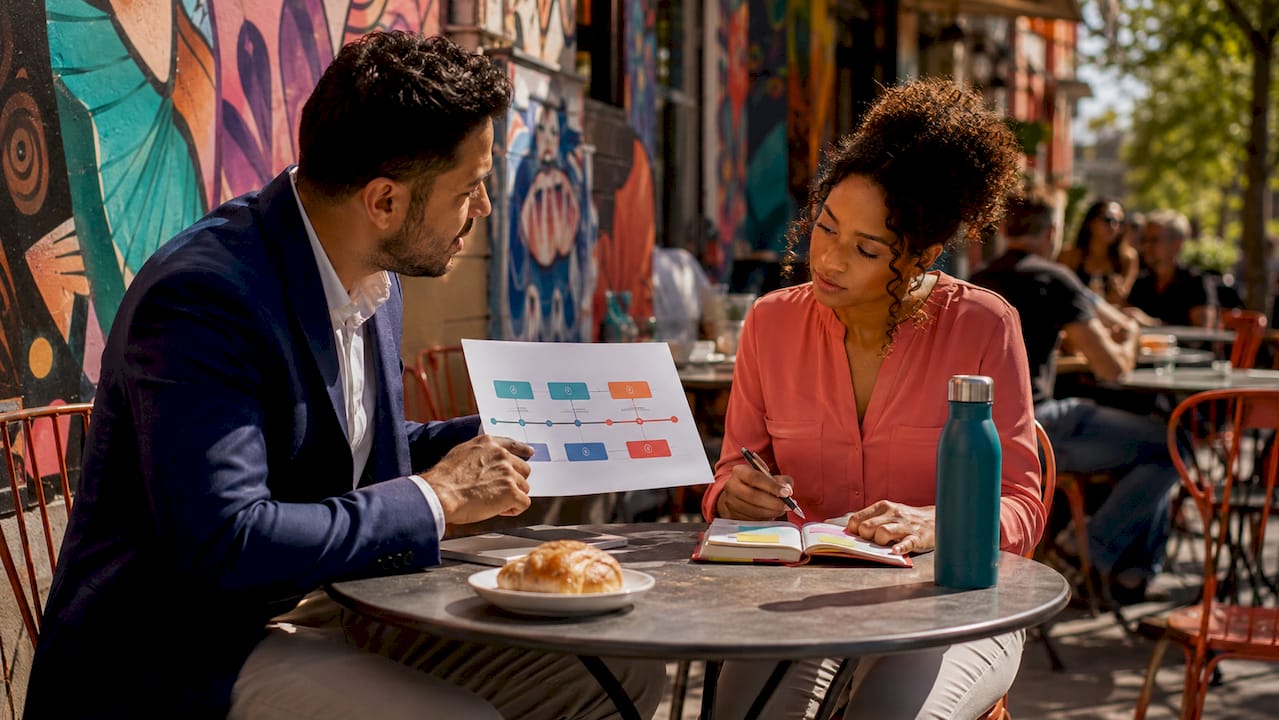 Two founders discussing marketing phases
