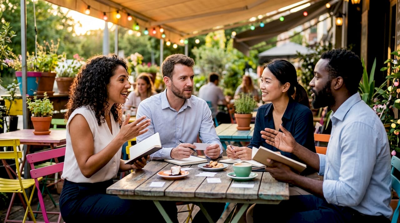Group discussing at professional networking event overhead view