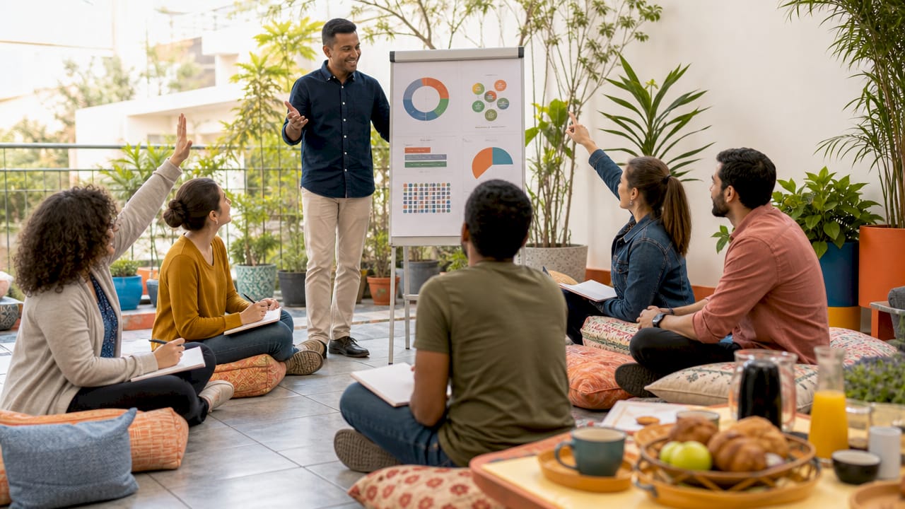 Facilitator leading active business workshop session