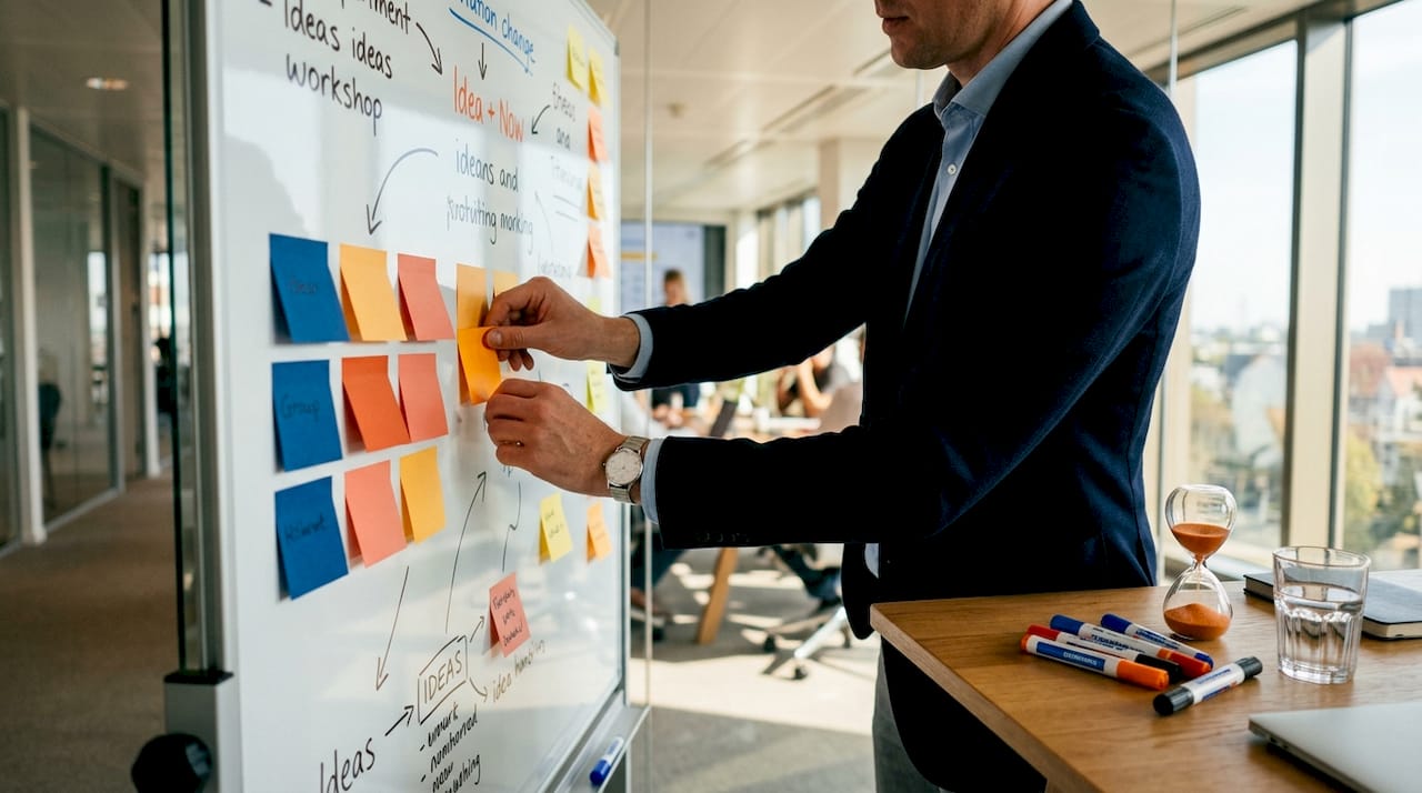 Facilitator arranging sticky notes in workshop