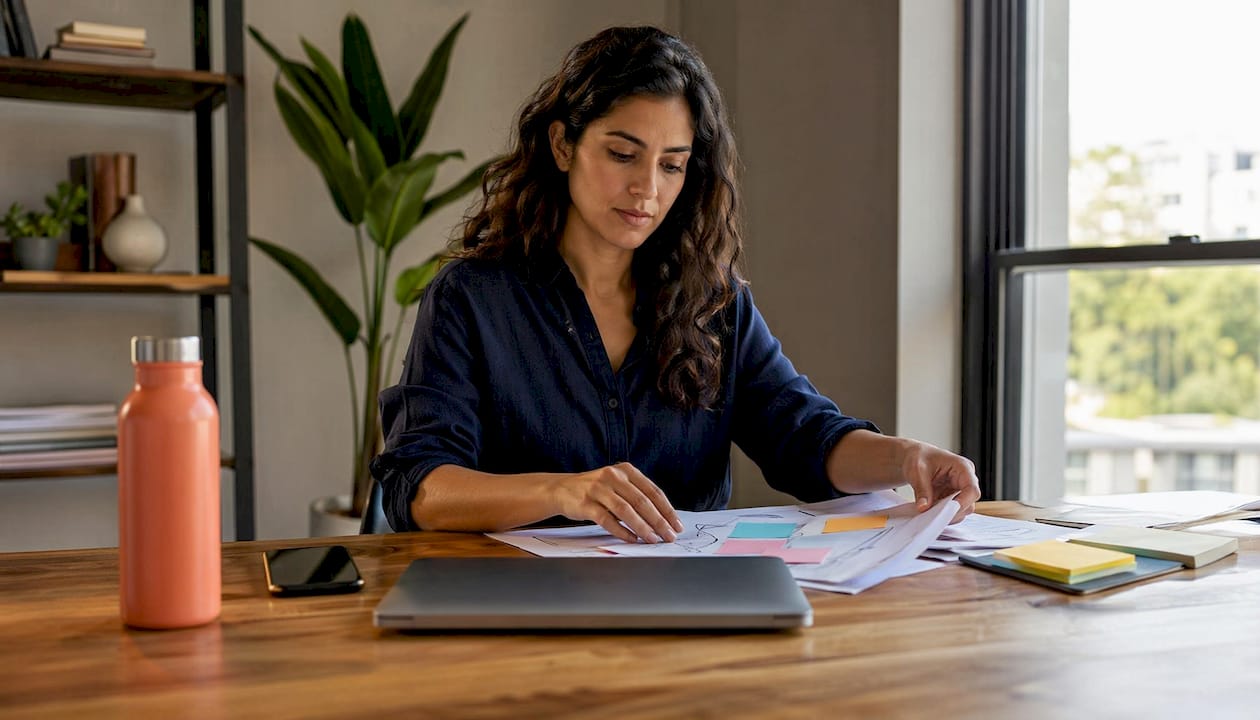 Freelancer organizing productivity planning sheets