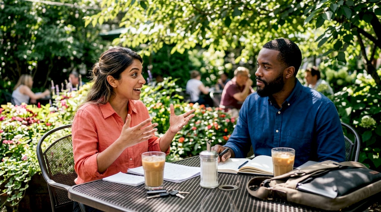 Two founders in deep peer group discussion