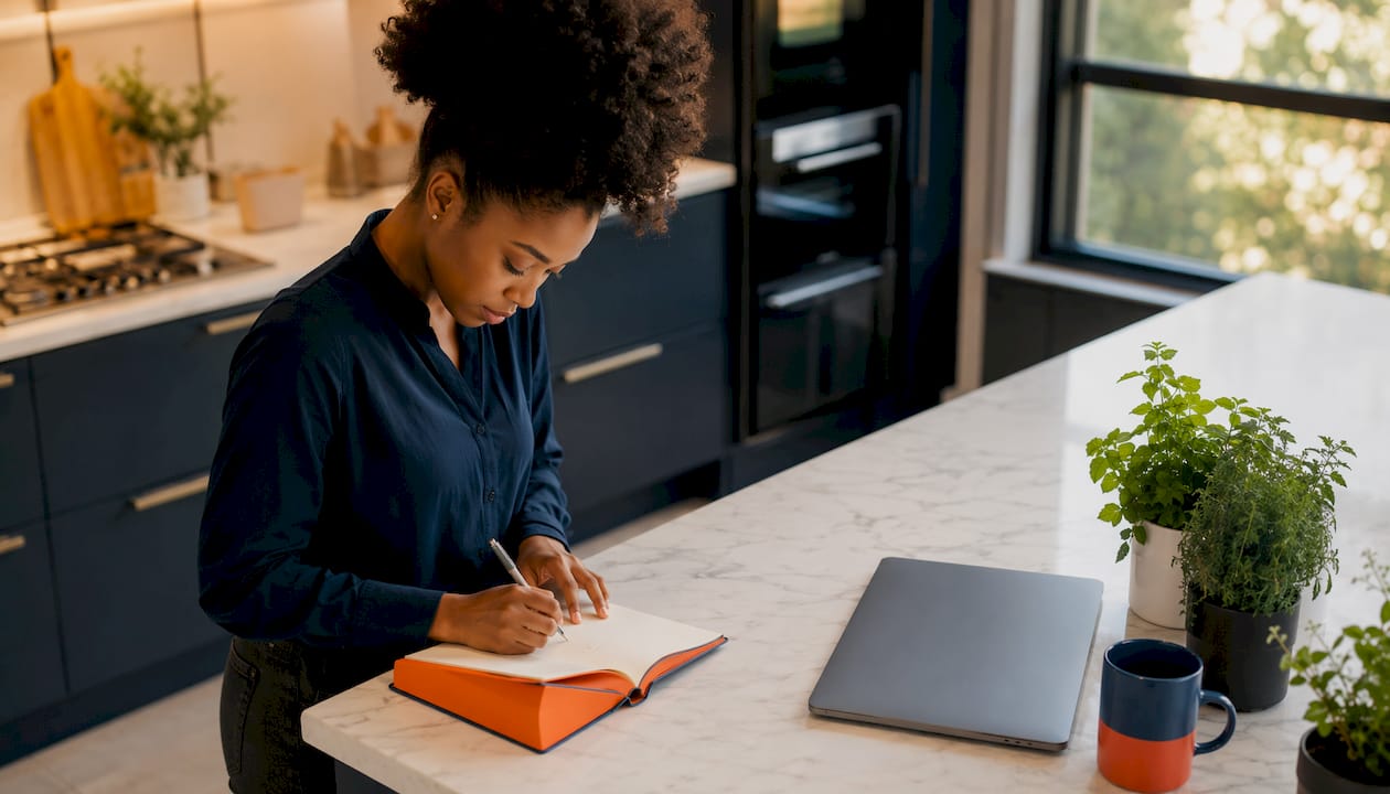 Entrepreneur writing growth plan at desk