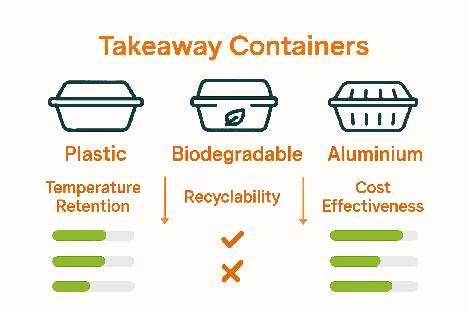 Comparison chart of takeaway container materials with icons and feature ticks.