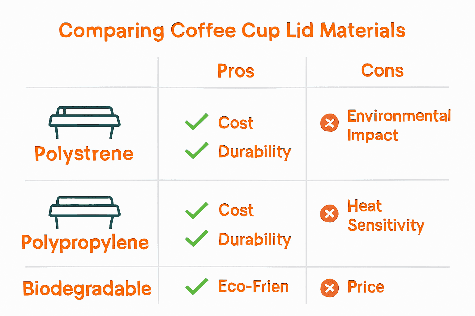 Comparison chart of coffee cup lid materials, pros and cons