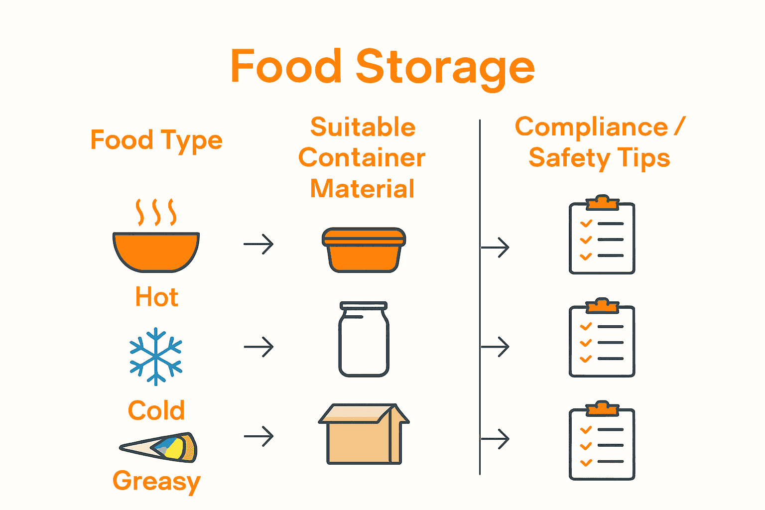 Infographic comparing food types with container materials and compliance tips