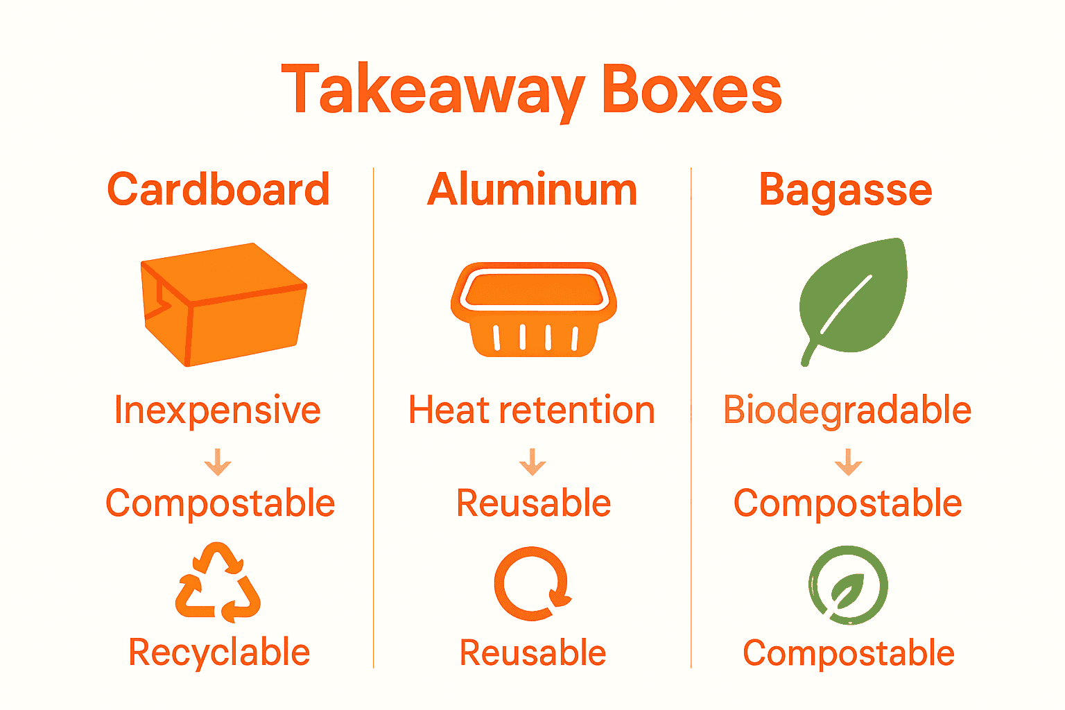 Infographic comparing cardboard, aluminum, and bagasse takeaway boxes by features and eco impact.