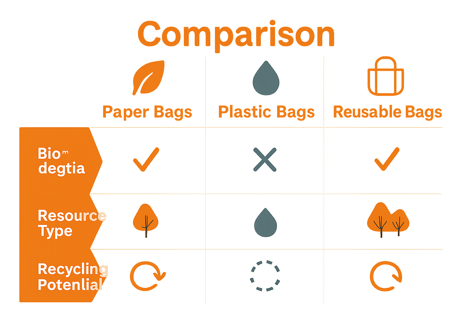 Infographic comparing paper carrier bags, plastic bags, and reusable bags by eco-criteria.